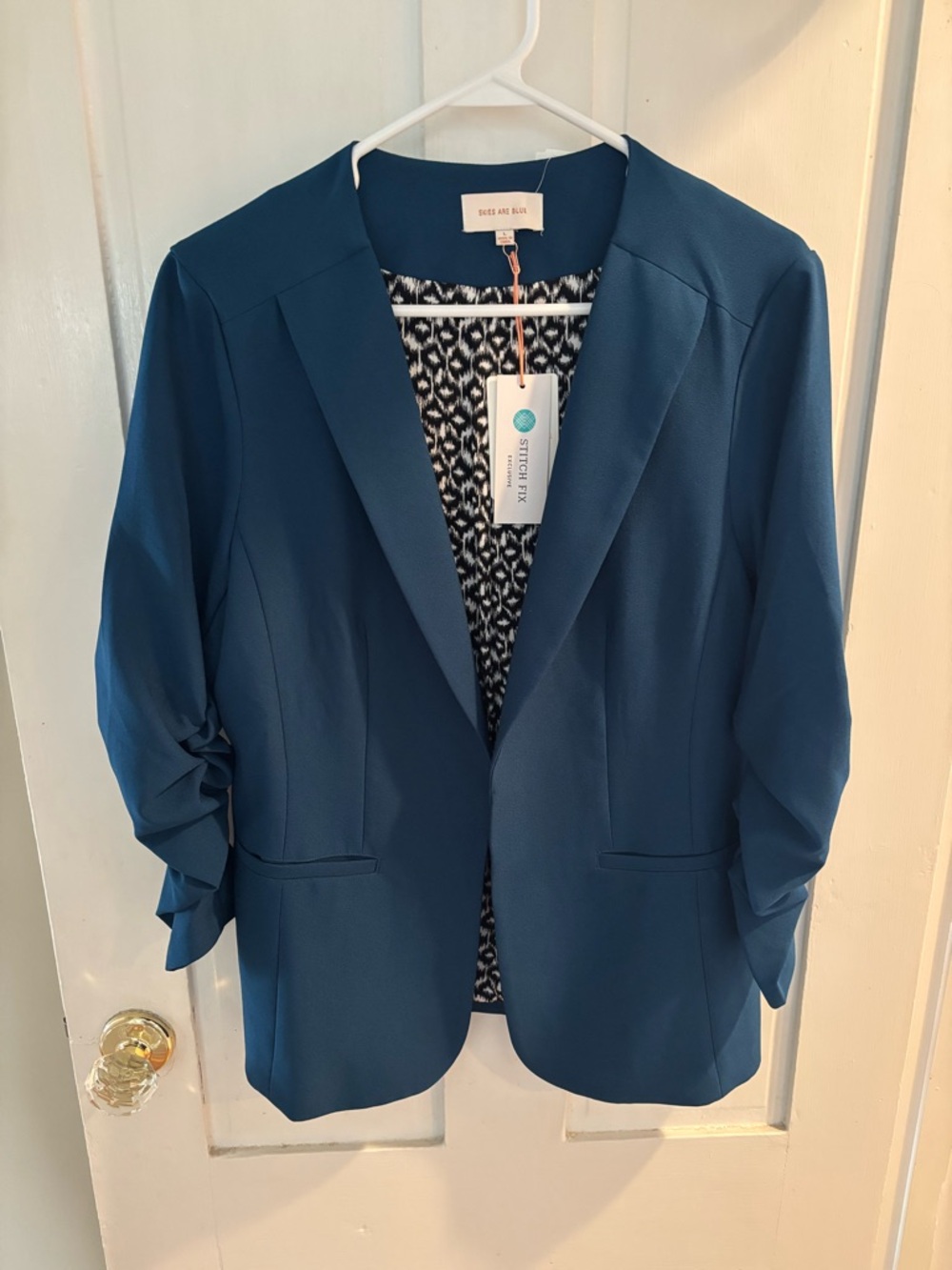Skies Are Blue Deep Teal Ruched-Sleeve Open Blazer